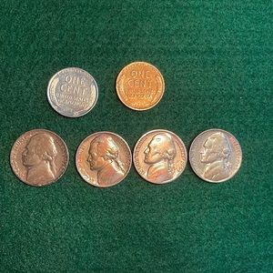 Vintage Coins (Lot of 6): Nickels (1942-1945), 1943 Steel Penny &
1944 Penny